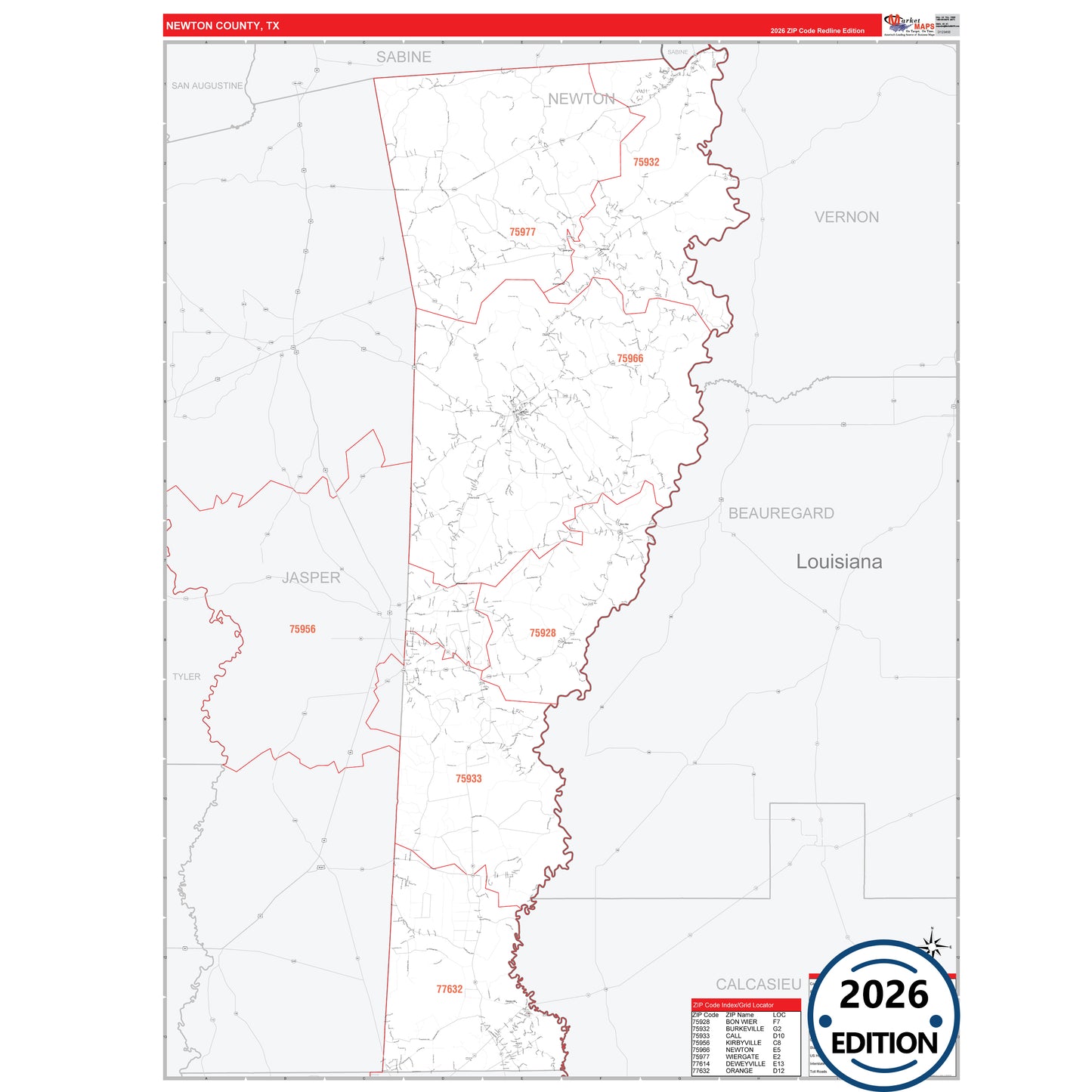 Newton County, TX Red Line 5 Digit ZIP Code Wall Map