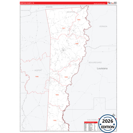 Newton County, TX Red Line 5 Digit ZIP Code Wall Map