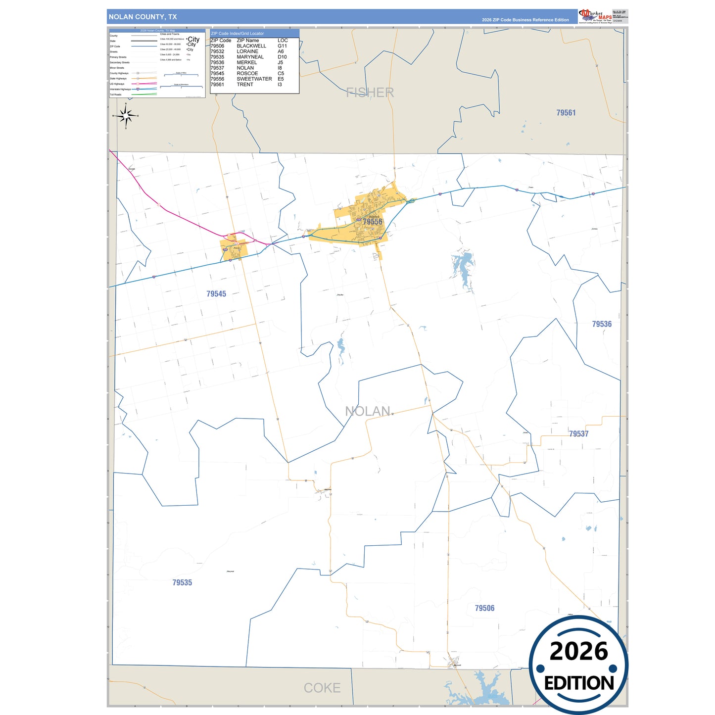 Nolan County, TX Business Reference 5 Digit ZIP Code Wall Map