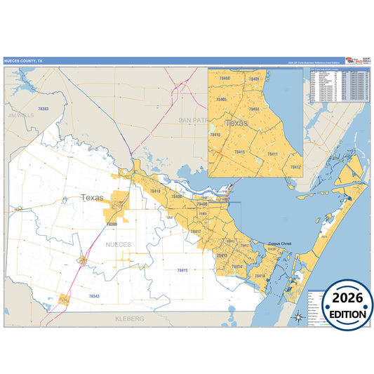 Nueces County, TX Business Reference 5 Digit ZIP Code Wall Map