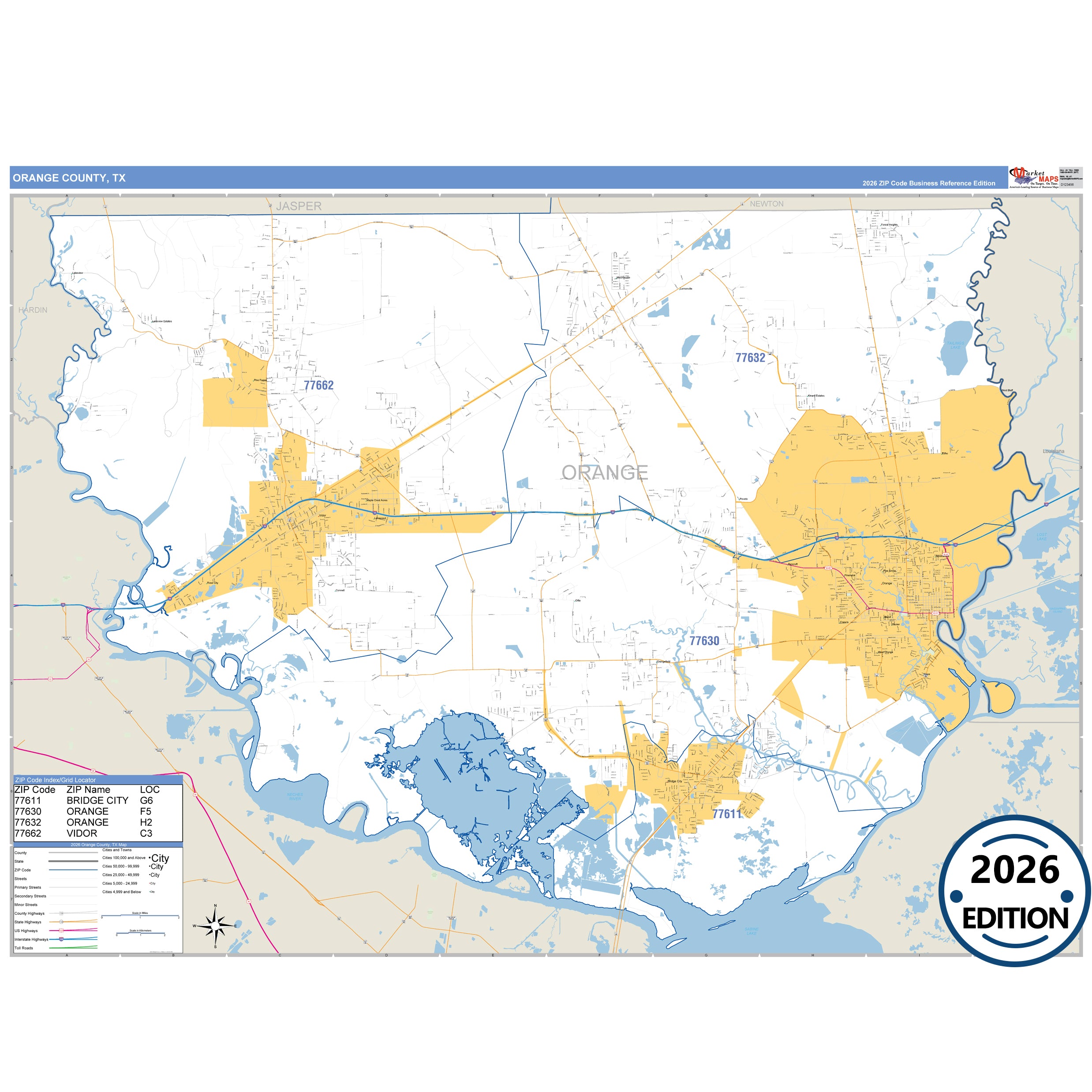 Orange County, TX Business Reference 5 Digit ZIP Code Wall Map