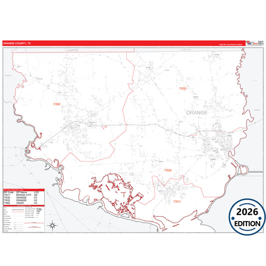 Orange County, TX Red Line 5 Digit ZIP Code Wall Map