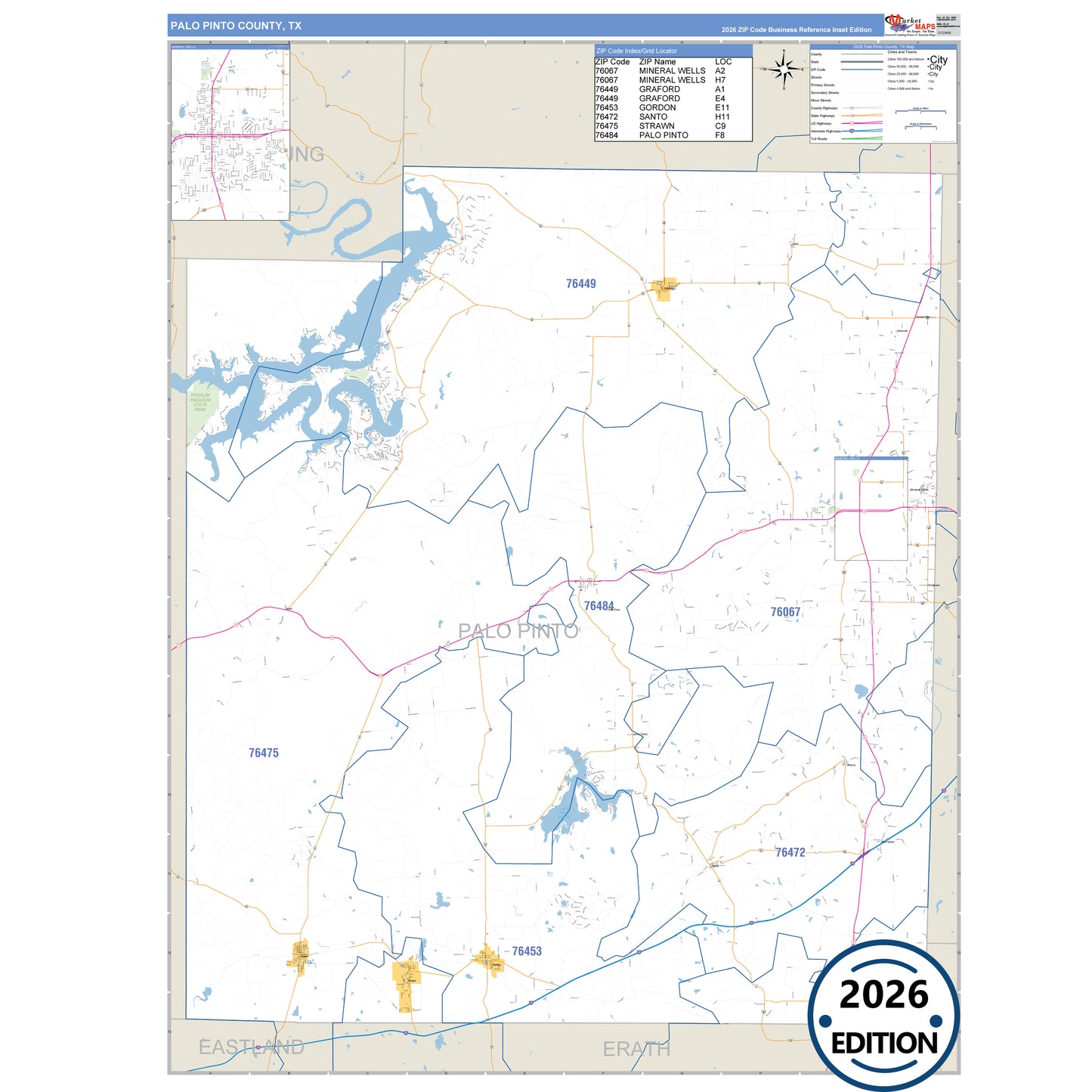 Palo Pinto County, TX Business Reference 5 Digit ZIP Code Wall Map