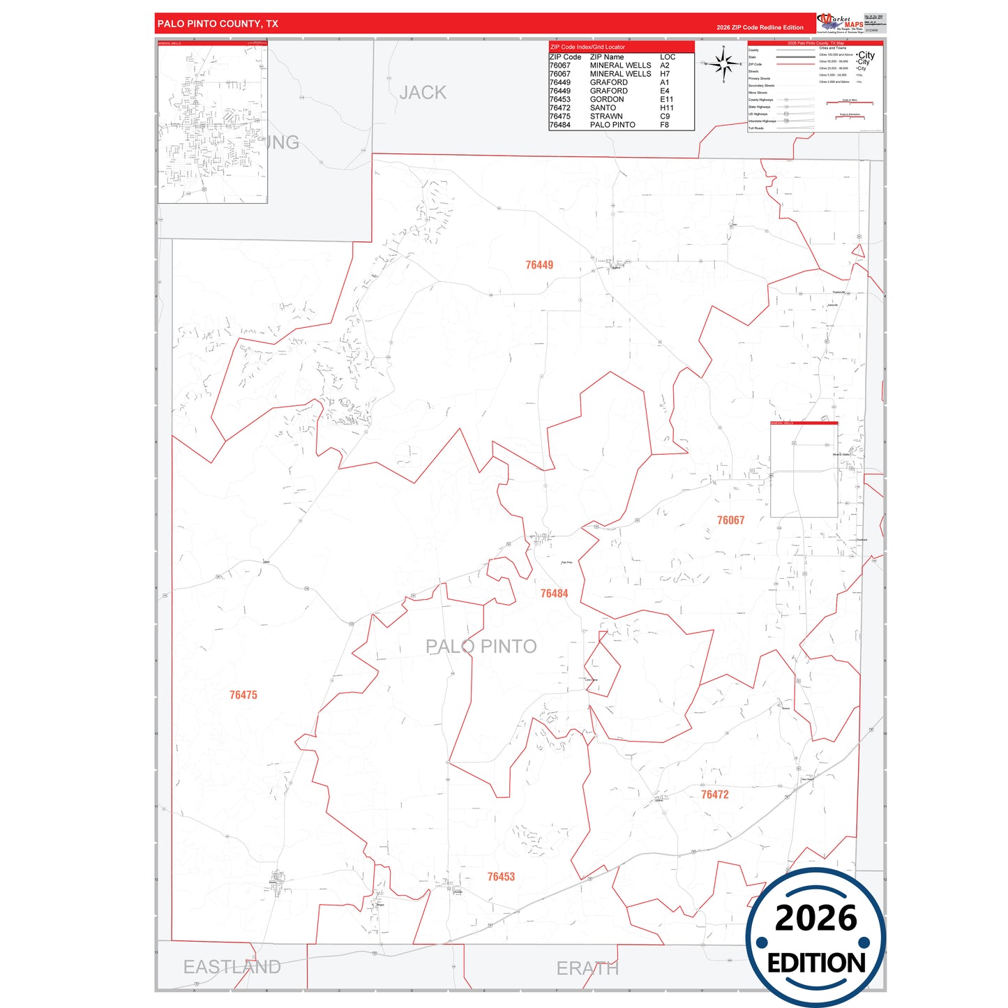 Palo Pinto County, TX Red Line 5 Digit ZIP Code Wall Map