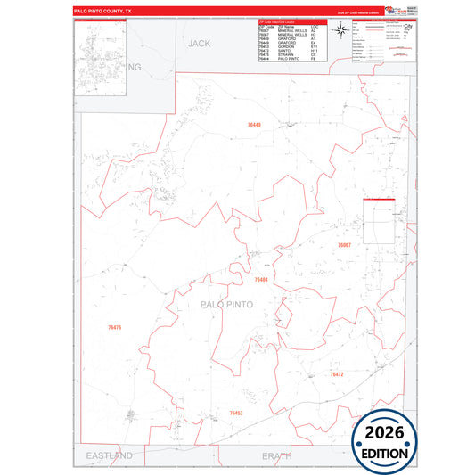 Palo Pinto County, TX Red Line 5 Digit ZIP Code Wall Map