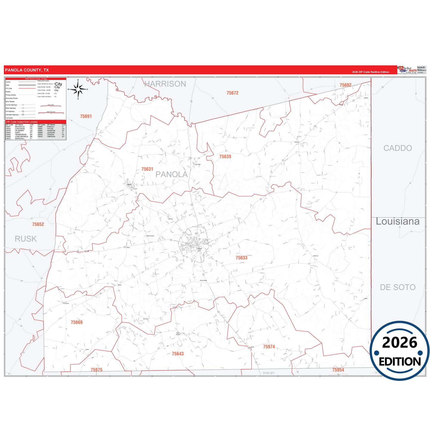 Panola County, TX Red Line 5 Digit ZIP Code Wall Map