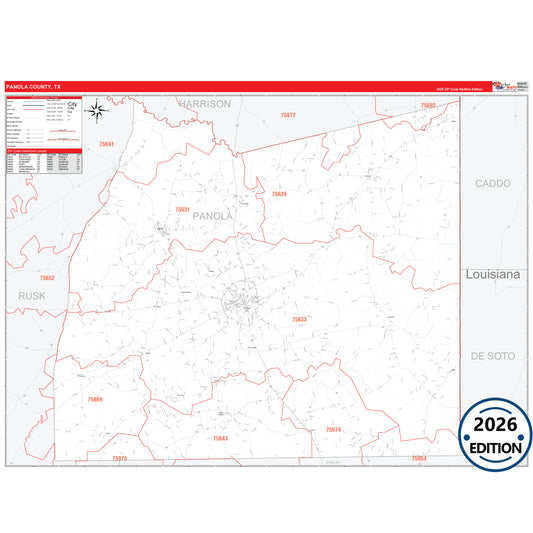 Panola County, TX Red Line 5 Digit ZIP Code Wall Map