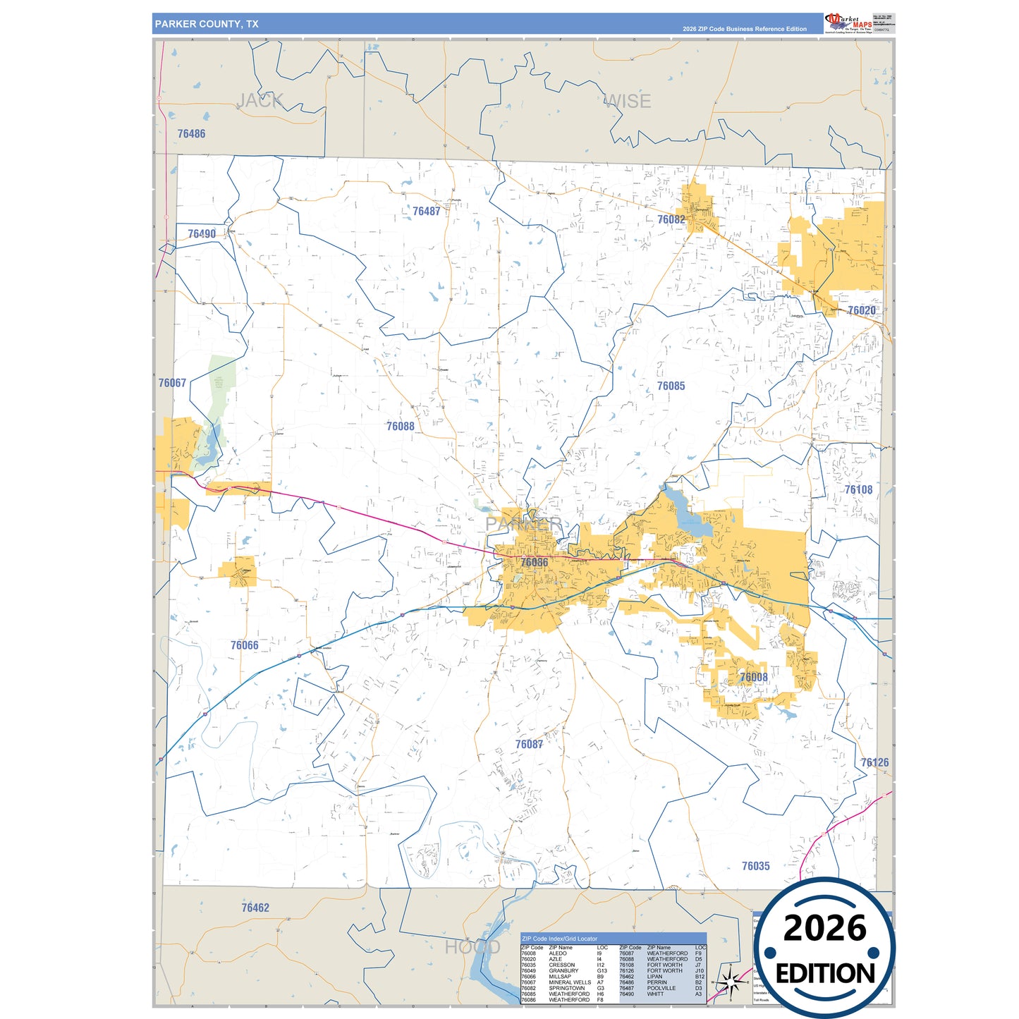 Parker County, TX Business Reference 5 Digit ZIP Code Wall Map