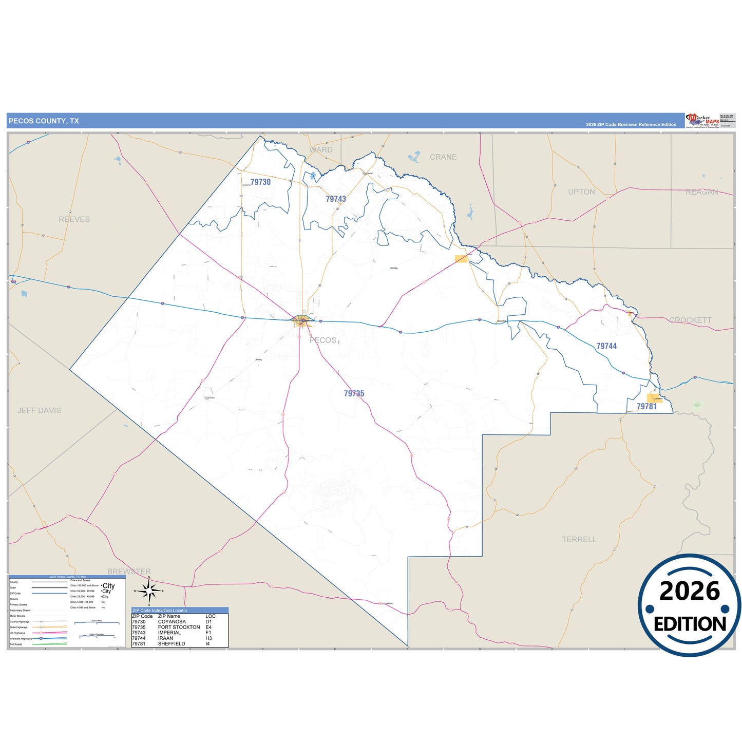 Pecos County, TX Business Reference 5 Digit ZIP Code Wall Map