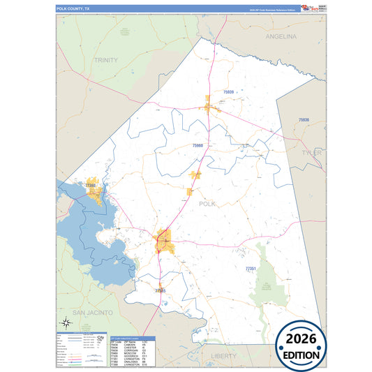 Polk County, TX Business Reference 5 Digit ZIP Code Wall Map