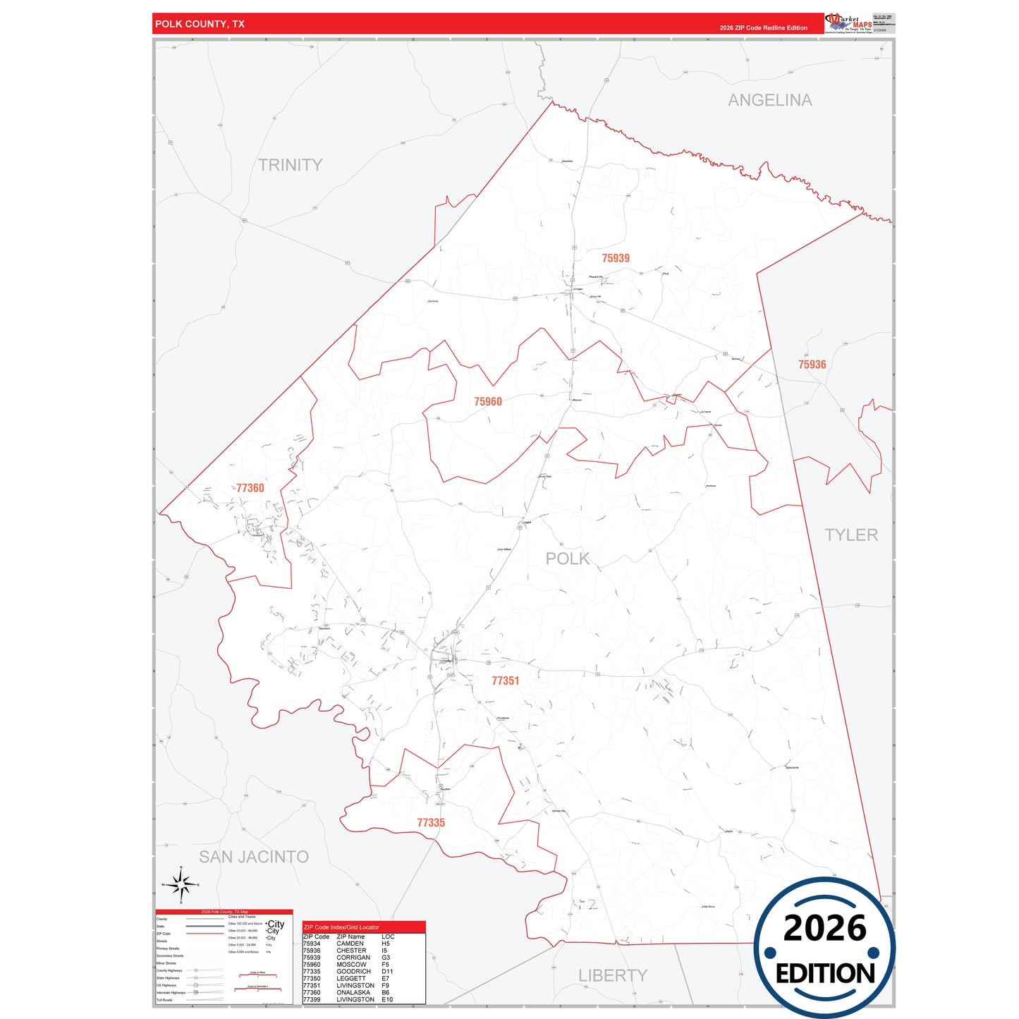 Polk County, TX Red Line 5 Digit ZIP Code Wall Map