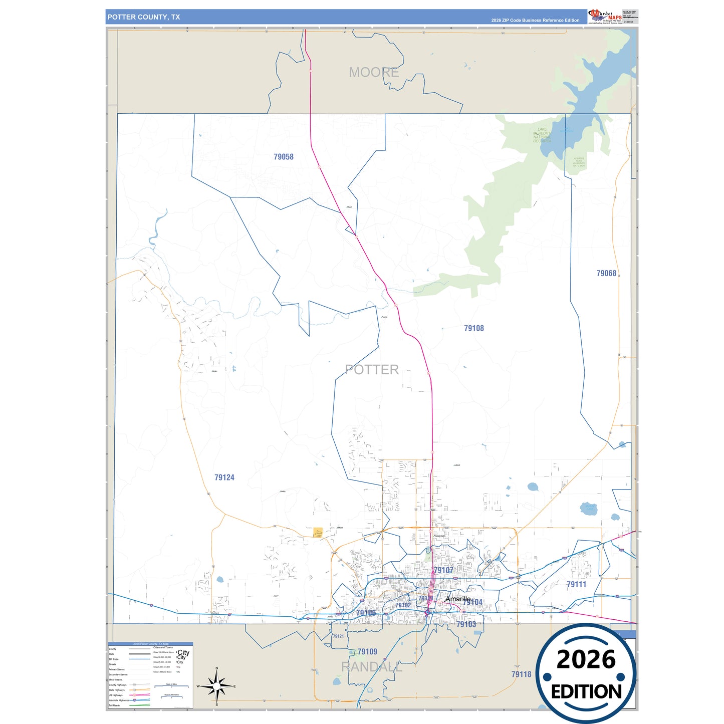 Potter County, TX Business Reference 5 Digit ZIP Code Wall Map