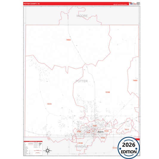 Potter County, TX Red Line 5 Digit ZIP Code Wall Map