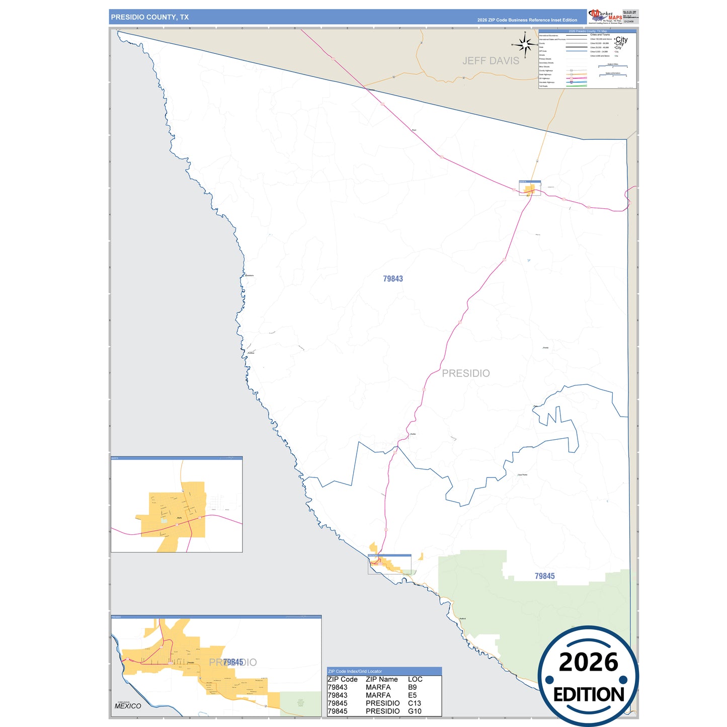 Presidio County, TX Business Reference 5 Digit ZIP Code Wall Map