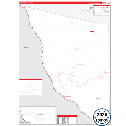 Presidio County, TX Red Line 5 Digit ZIP Code Wall Map