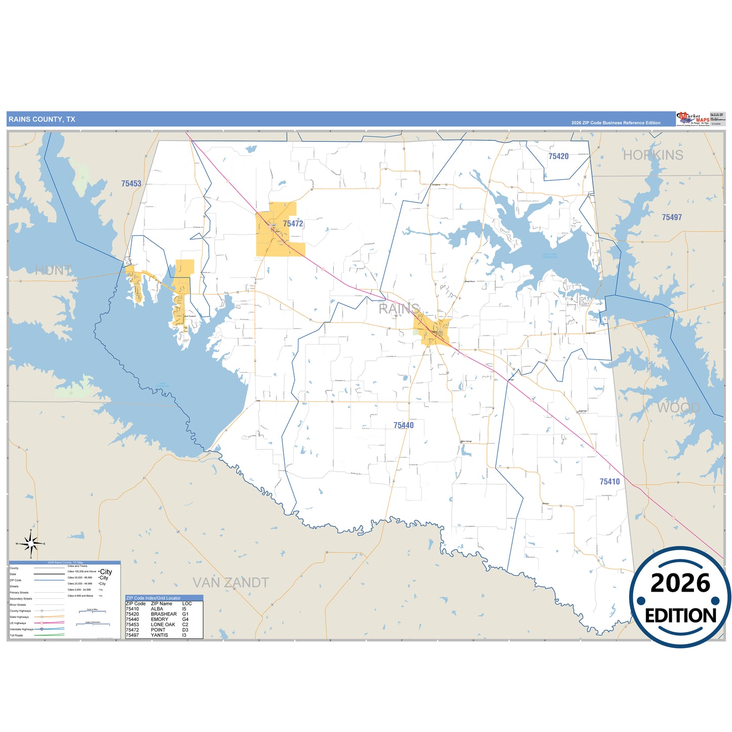 Rains County, TX Business Reference 5 Digit ZIP Code Wall Map