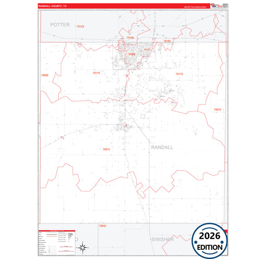 Randall County, TX Red Line 5 Digit ZIP Code Wall Map