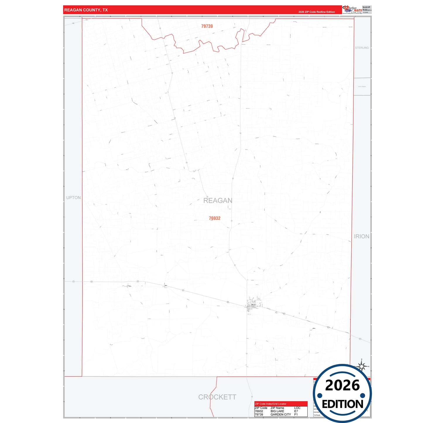 Reagan County, TX Red Line 5 Digit ZIP Code Wall Map