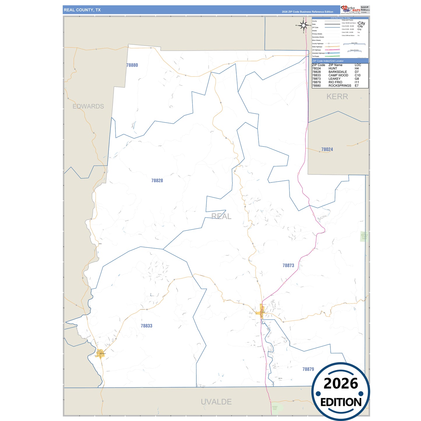 Real County, TX Business Reference 5 Digit ZIP Code Wall Map