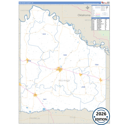Red River County, TX Business Reference 5 Digit ZIP Code Wall Map