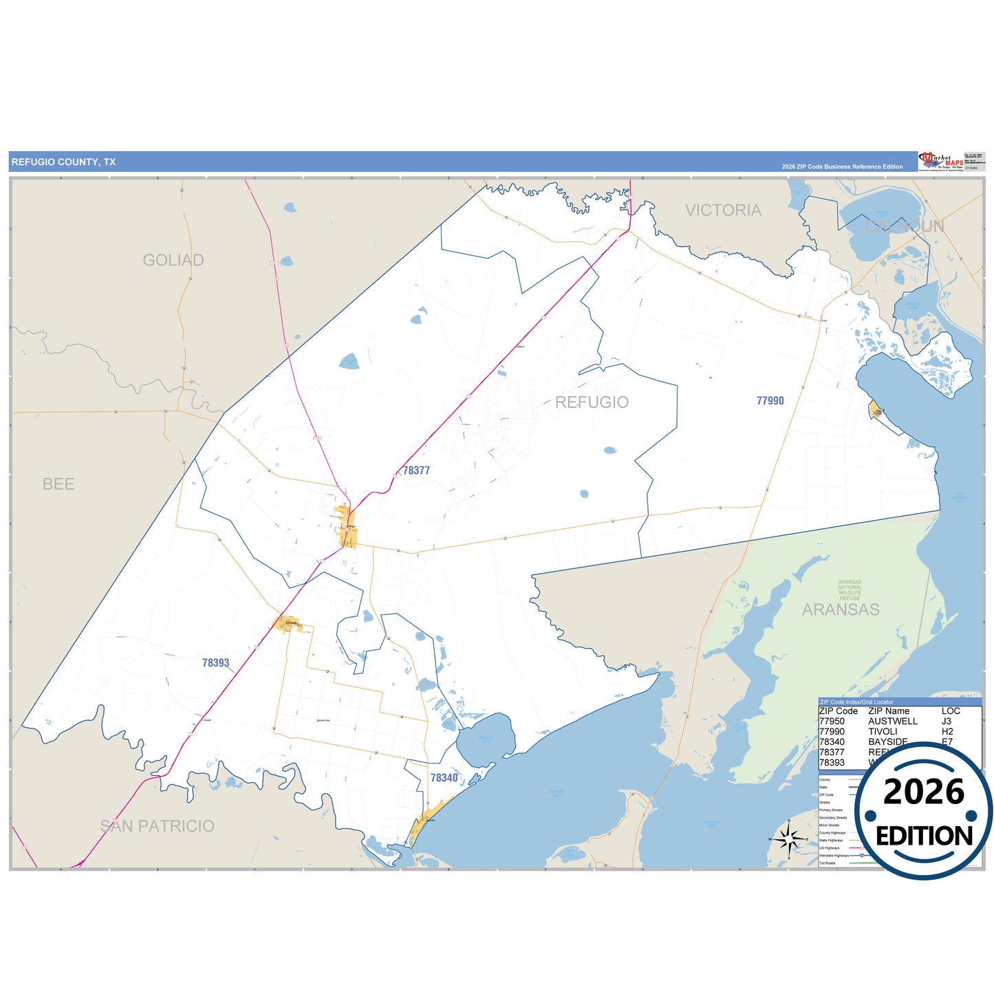 Refugio County, TX Business Reference 5 Digit ZIP Code Wall Map