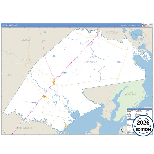 Refugio County, TX Business Reference 5 Digit ZIP Code Wall Map