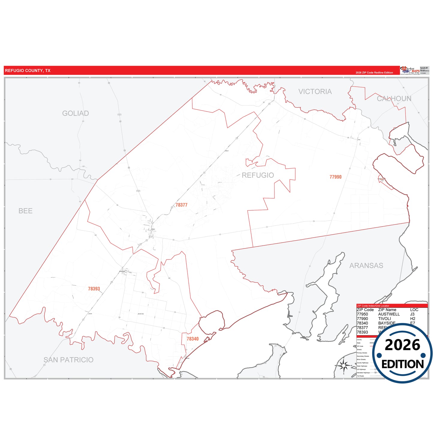 Refugio County, TX Red Line 5 Digit ZIP Code Wall Map