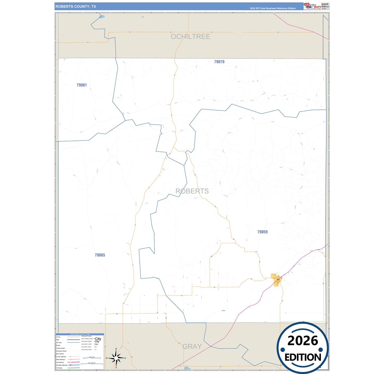 Roberts County, TX Business Reference 5 Digit ZIP Code Wall Map