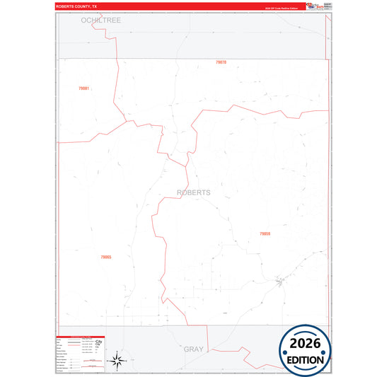 Roberts County, TX Red Line 5 Digit ZIP Code Wall Map