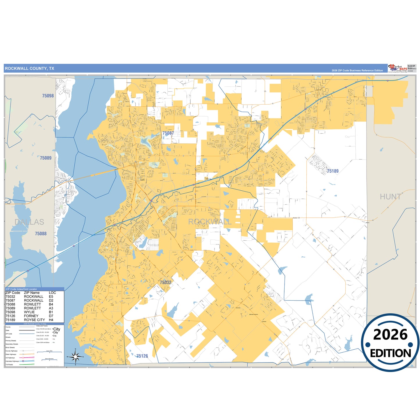 Rockwall County, TX Business Reference 5 Digit ZIP Code Wall Map
