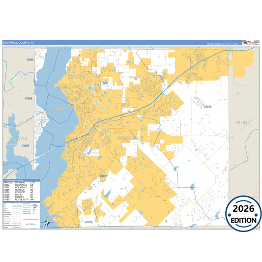 Rockwall County, TX Business Reference 5 Digit ZIP Code Wall Map