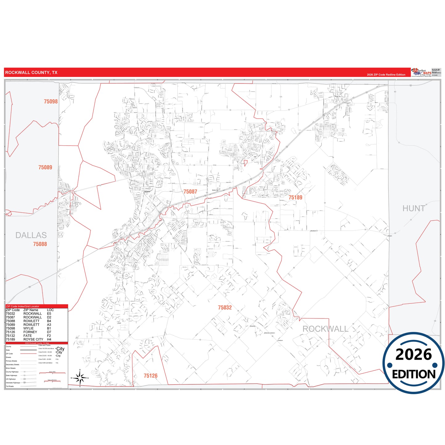 Rockwall County, TX Red Line 5 Digit ZIP Code Wall Map