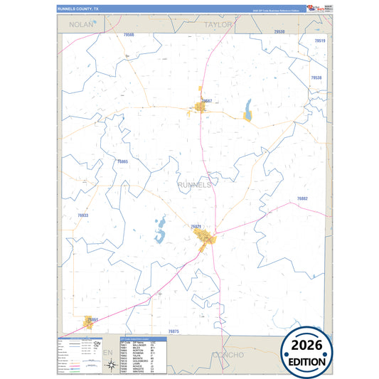 Runnels County, TX Business Reference 5 Digit ZIP Code Wall Map