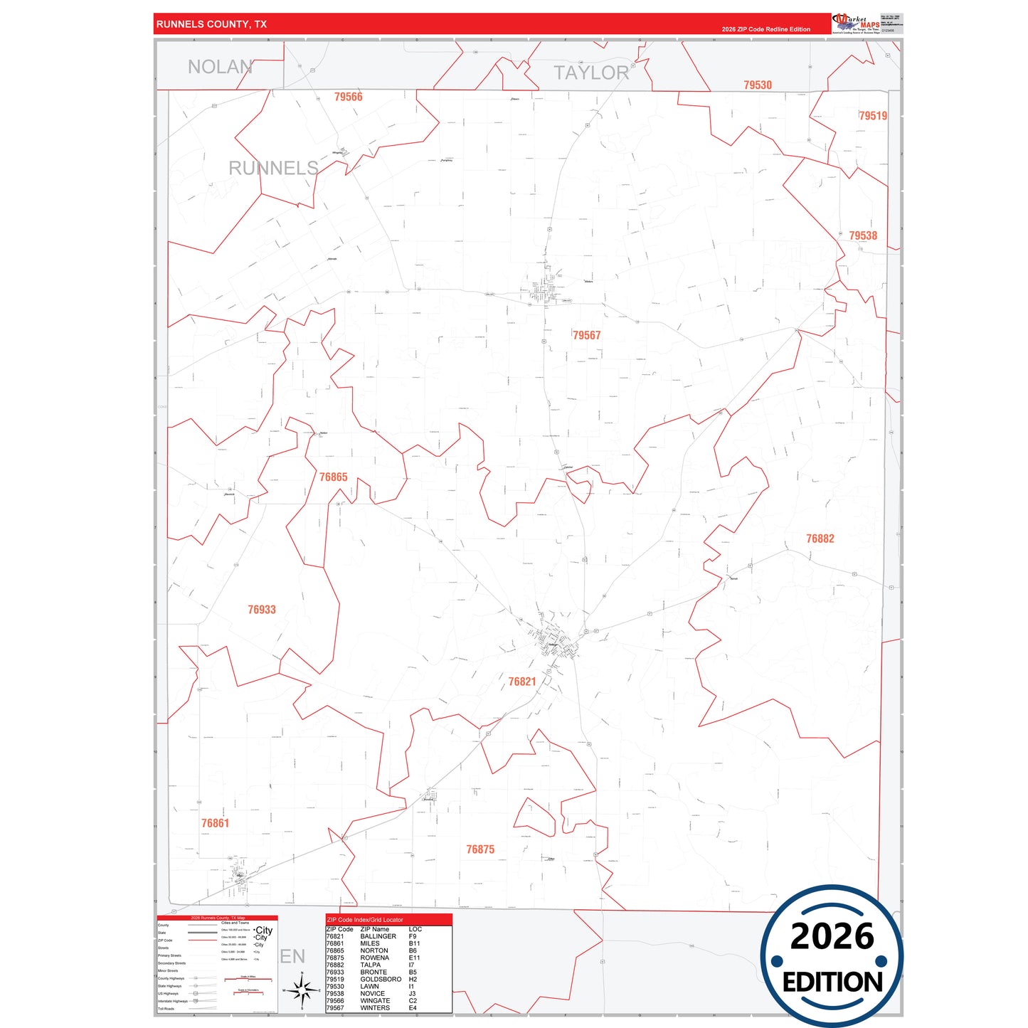 Runnels County, TX Red Line 5 Digit ZIP Code Wall Map