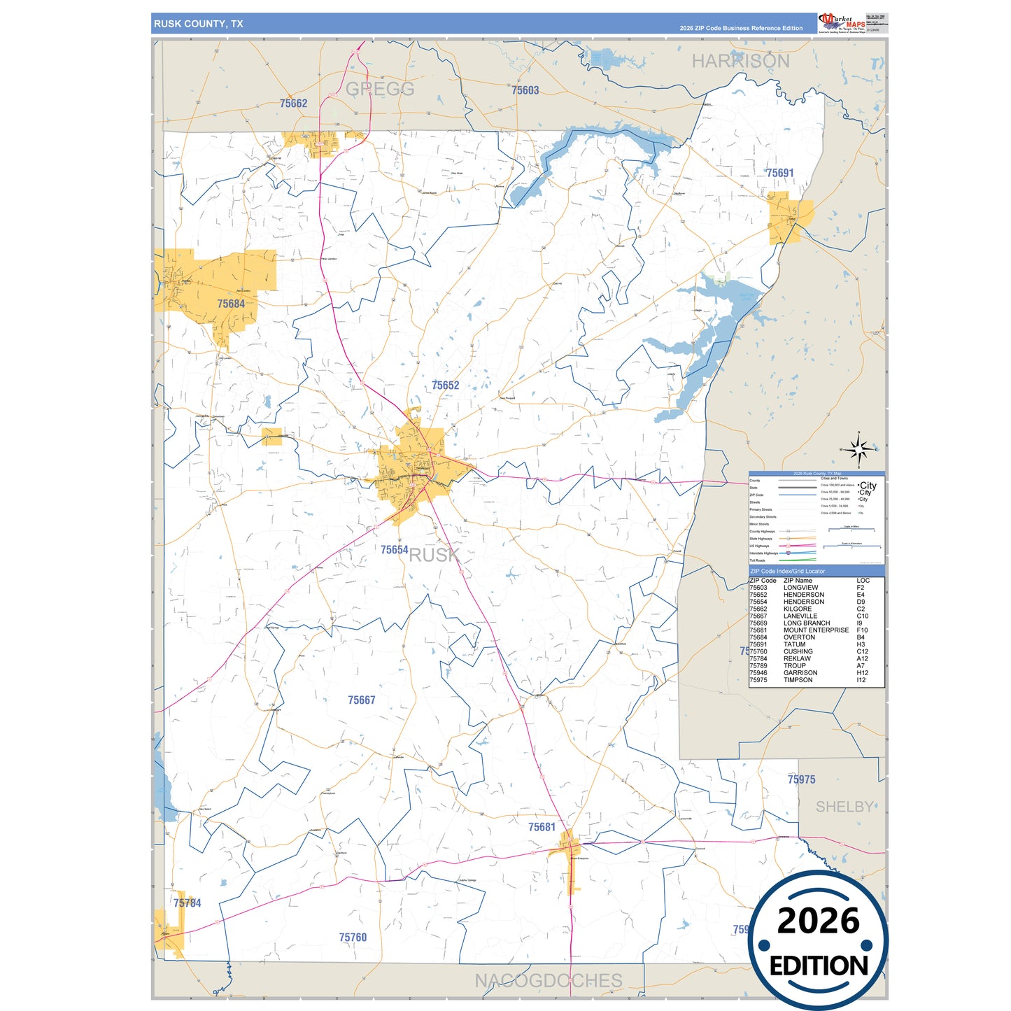 Rusk County, TX Business Reference 5 Digit ZIP Code Wall Map