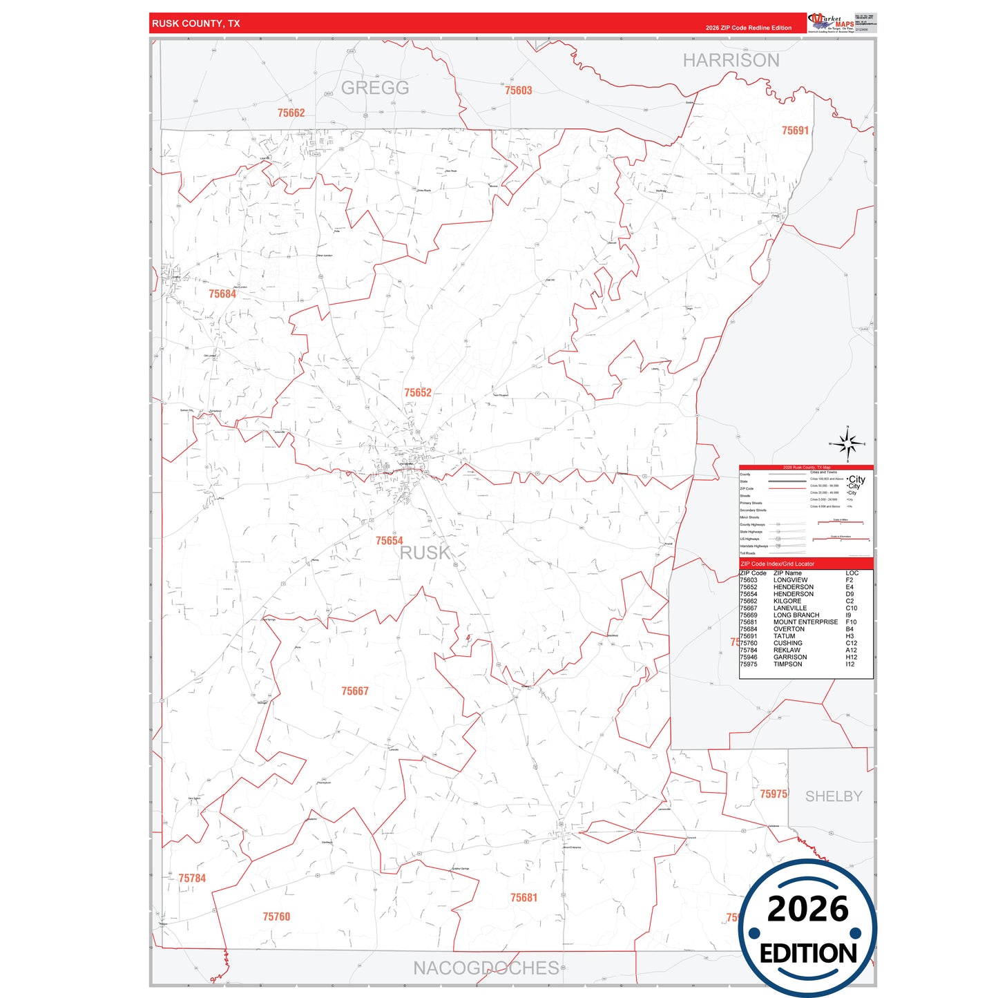 Rusk County, TX Red Line 5 Digit ZIP Code Wall Map