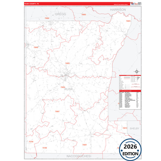 Rusk County, TX Red Line 5 Digit ZIP Code Wall Map