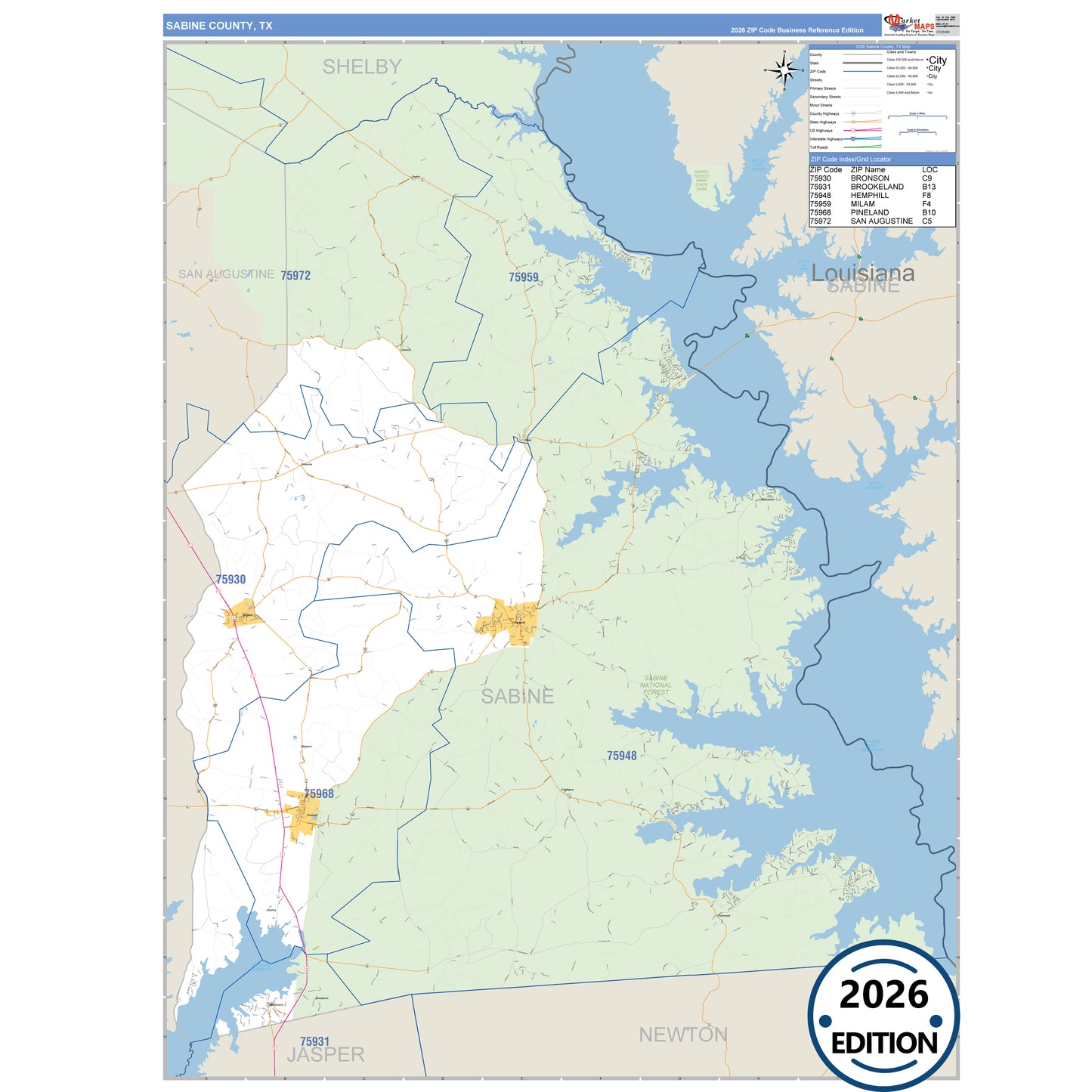 Sabine County, TX Business Reference 5 Digit ZIP Code Wall Map