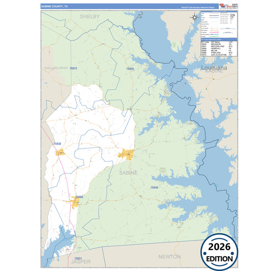 Sabine County, TX Business Reference 5 Digit ZIP Code Wall Map