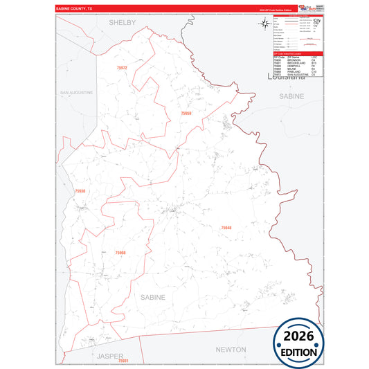 Sabine County, TX Red Line 5 Digit ZIP Code Wall Map