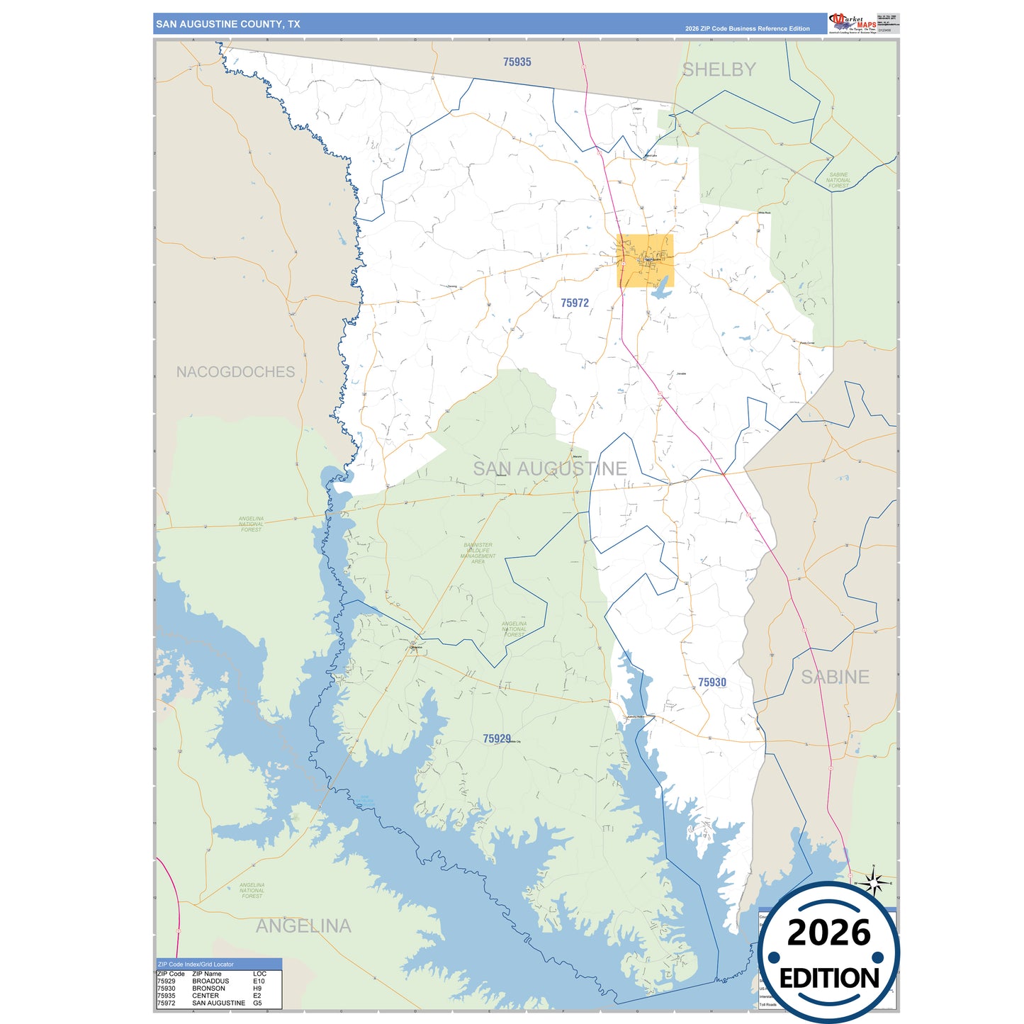 San Augustine County, TX Business Reference 5 Digit ZIP Code Wall Map