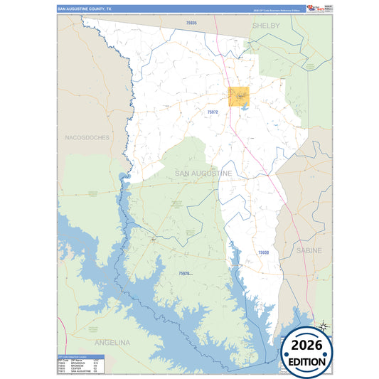 San Augustine County, TX Business Reference 5 Digit ZIP Code Wall Map