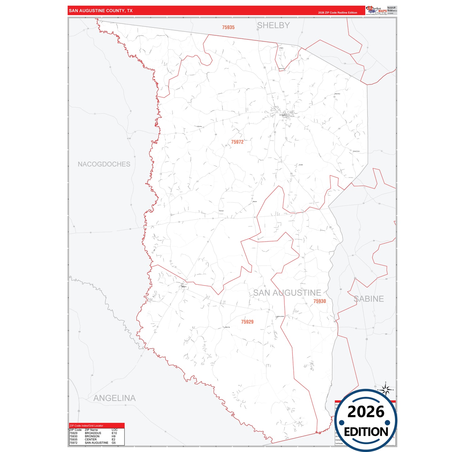 San Augustine County, TX Red Line 5 Digit ZIP Code Wall Map