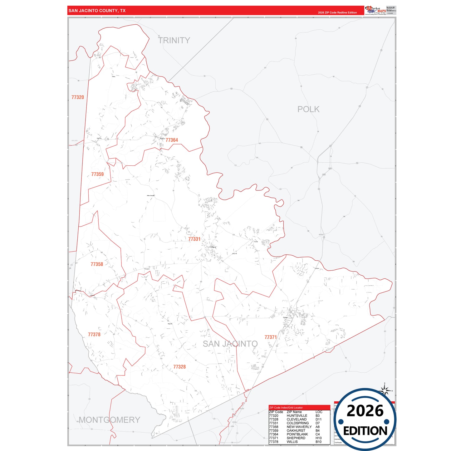 San Jacinto County, TX Red Line 5 Digit ZIP Code Wall Map