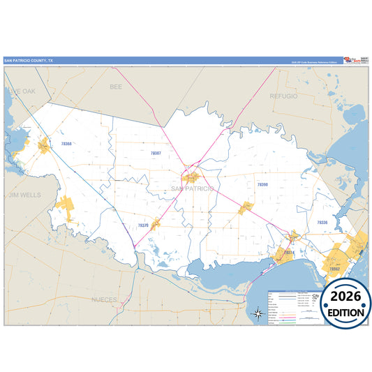San Patricio County, TX Business Reference 5 Digit ZIP Code Wall Map