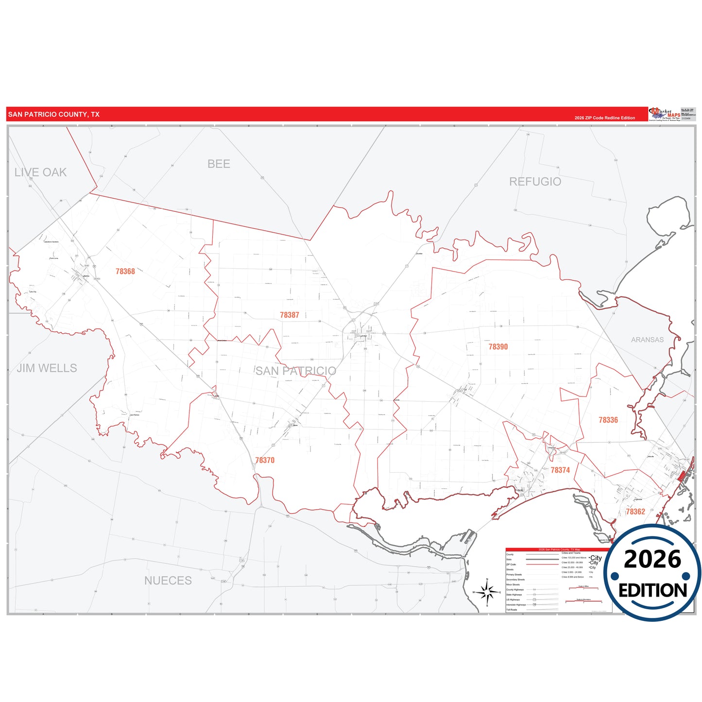 San Patricio County, TX Red Line 5 Digit ZIP Code Wall Map