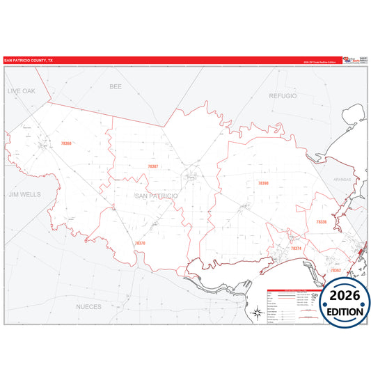 San Patricio County, TX Red Line 5 Digit ZIP Code Wall Map