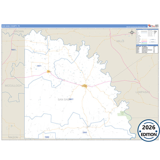 San Saba County, TX Business Reference 5 Digit ZIP Code Wall Map