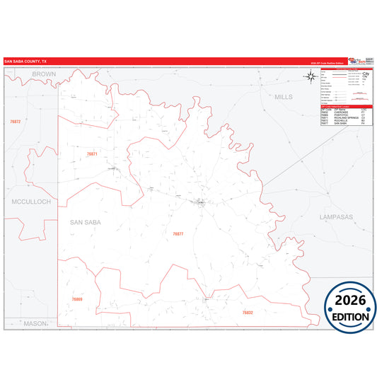 San Saba County, TX Red Line 5 Digit ZIP Code Wall Map