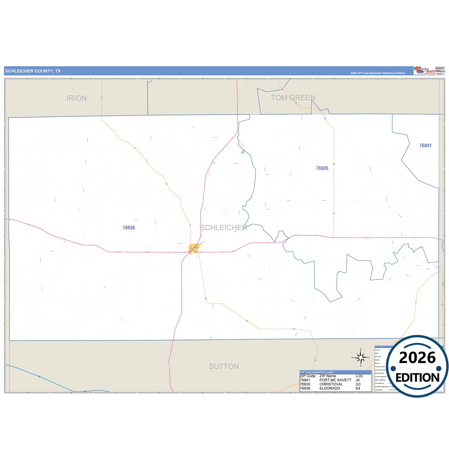 Schleicher County, TX Business Reference 5 Digit ZIP Code Wall Map